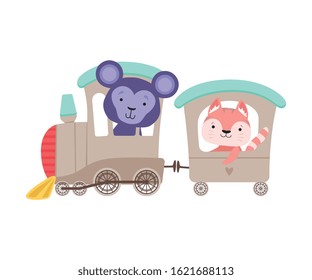 Cheerful Bucket Ears Monkey and Whiskered Cat Driving Toy Wheeled Train Vector Illustration