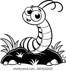 Cheerful bug drawing, black and white line art, outdoors.