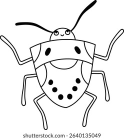 A cheerful bug with a smiling face and long antennae drawn in a playful style. The insect features a patterned shell and expressive eyes. Cartoon vector illustration.