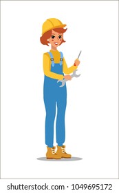 A cheerful builder comes with a wrench and screwdriver. Construction female worker character vector design. Animate personage. Fun cartoon person. Isolated on white background.