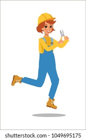 Cheerful builder with pliers jump with joy. Construction female worker character vector design. Animate personage. Fun cartoon person. Isolated on white background.