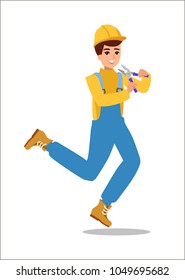 Cheerful builder with pliers jump with joy. Construction male worker character vector design. Animate personage. Fun cartoon person. Isolated on white background.