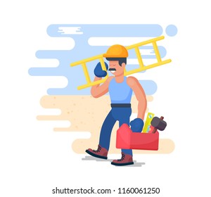 Cheerful builder, worker. Design concept on the topic of construction and repair. Vector illustration.
