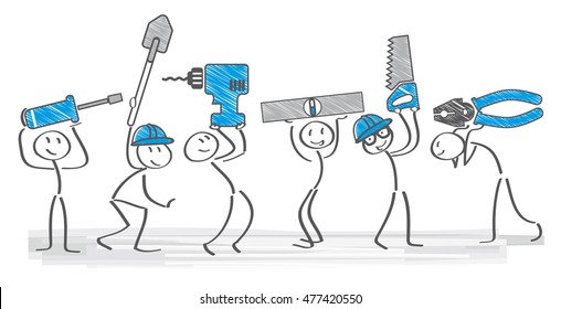 cheerful builders holding tools - vector illustration