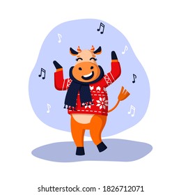 The cheerful bull is dancing. Vector illustration for 2021 new year.