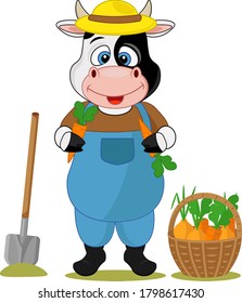 Cheerful bull farmer with a crop of vegetables. Vector illustration of the symbol of the year of the bull.