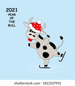 Cheerful bull in red hat is skating. Chinese New Year symbol isolated on blue background. Template greeting card with symbol of 2021. There is a place for the author's text. Banner for your design.