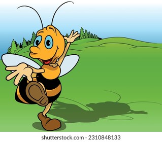 Abeja de bumbar alegre con ojos azules bailando en el suelo - Ilustración de dibujos animados de color con fondo, vector