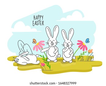 Cheerful Bunnies Looking at Falling Bunny on Abstract Floral Background for Happy Easter Celebration.