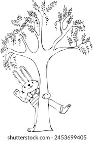 Cheerful bunny behind a tree