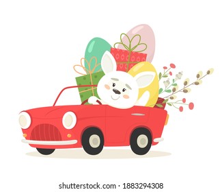 Cheerful bunny in a car with eggs and gifts. Happy Easter. Vector illustration in flat style.