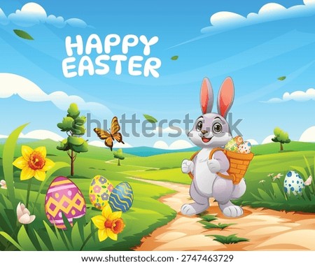 Cheerful bunny carrying a basket of eggs on a path with Happy Easter text. Vector cartoon illustration
