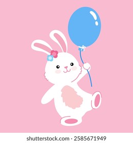 A cheerful bunny holding a blue balloon, This cartoon rabbit character is perfect for Easter and seasonal designs.