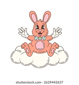 Cheerful bunny mascot sitting on fluffy cloud with joyful expression and colorful bow tie in whimsical cartoon style. Designed in flat graphic format. Vector illustration