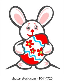 Cheerful  bunny and ornate easter egg  on a blue background. Easter illustration.