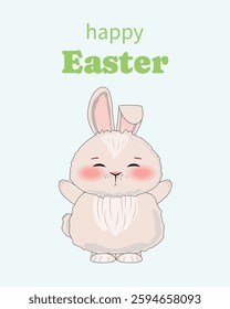 Cheerful bunny in outline cartoon style on a cute Happy Easter card