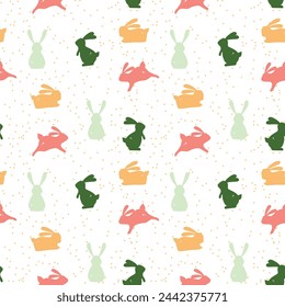 Cheerful Bunny Silhouette Pattern On Dotted background. Easter seamless pattern with bunnies