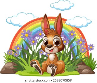 A cheerful bunny sits amidst flowers and rainbow