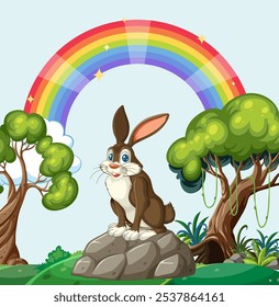 A cheerful bunny sits beneath a rainbow