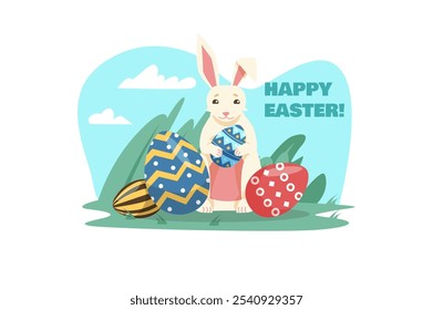 A cheerful bunny stands amidst colorful Easter eggs in a vibrant meadow. The scene is playful and festive, capturing the essence of Easter. Vector illustration