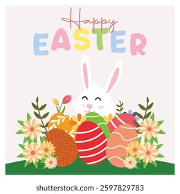 A cheerful bunny surrounded by blooming flowers and colorful eggs. Happy Easter celebration in spring. Easter 2025 concept. Flat vector illustration.