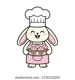 Ein fröhlicher Hase mit Kochmütze und Schürze präsentiert frisch gebackene Cupcakes.
