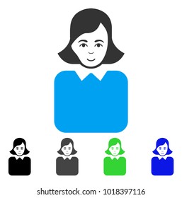 Cheerful Bureaucrat Woman vector pictograph. Vector illustration style is a flat iconic bureaucrat woman symbol with grey, black, blue, green color versions. Person face has joyful mood.