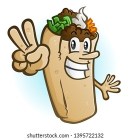 A cheerful burrito cartoon character vector illustration holding up a two finger hand gesture for peace svg
