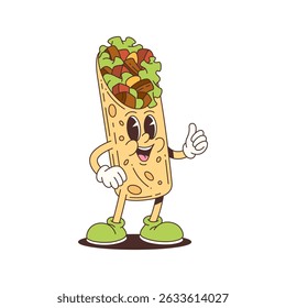 Cheerful burrito mascot with bright colors and joyful energy, perfect for food-related branding, marketing, or entertaining design content. Suitable for various creative projects. Vector illustration