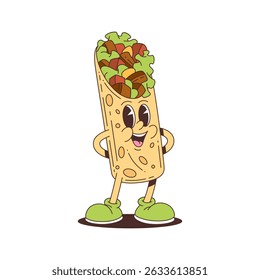 Cheerful burrito mascot filled with vegetables and meat, featuring a happy face and lively pose. Great for food branding, packaging, or design. Vector illustration