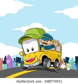 Cheerful Bus Driver and School Bus with City Background illustration Vector