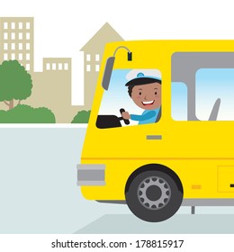 Cheerful Bus Driver. Vector Illustration Of A School Bus Driver On The Road.