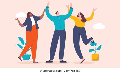 Cheerful business characters - Group of three happy diverse businesspeople with hands in air, smiling, celebrating happiness at work together. Teamwork achievement concept in flat design vector