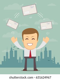 Cheerful business man with big envelope. Vector flat design illustration isolated on white background
