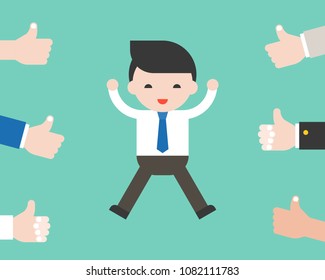 Cheerful Business Man Jumping With Team Vote Thumps Up, Flat Design Vector Well Done In Work Concept