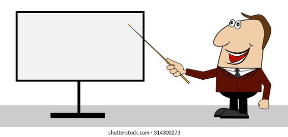 cheerful business man with a pointer in hand, vector illustration