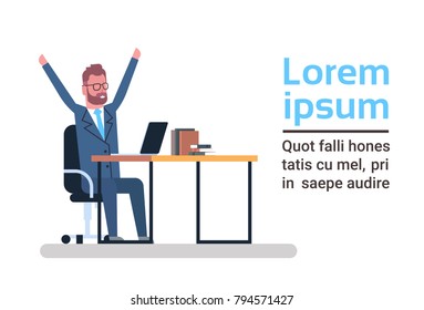 Cheerful Business Man With Raised Hands Working At Laptop Computer. Sit At Office Desk Over Template White Background Flat Vector Illustration