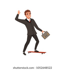 Cheerful business man riding on skateboard and waving hand. Cartoon young guy in classic black suit with red tie. Office manager with briefcase. Flat vector design