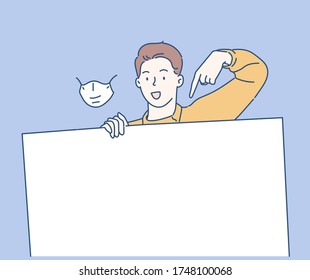 Cheerful business man is standing behind the white blank banner and pointing down at a copy space. Hand drawn in thin line style, vector illustrations. (A Mask can be removable)