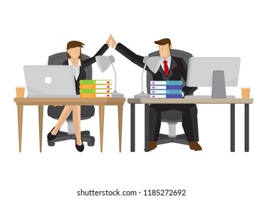 Cheerful business man and woamn giving highfive to each other after finishing their project. Concept of collaboration, partnership and teamwork. Vector illustration.