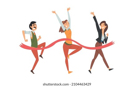 Cheerful Business Man and Woman Crossing Finish Line at Running Track Smiling Vector Set