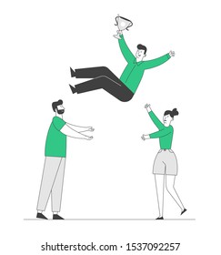 Cheerful Business Man and Woman Team Tossing in Air Winner Holding Golden Cup Trophy First Prize. Business People Celebrate Victory Throwing Colleague Up. Cartoon Flat Vector Illustration, Line Art - Shutterstock ID 1537092257