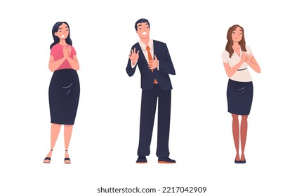 Cheerful business people clapping hands set. Office employees applauding to their partner, boss, manager flat vector illustration