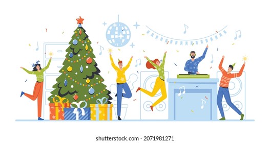 Cheerful Business People Dance at Christmas Disco. Friends, Colleagues Celebrate New Year Party with Dj in Office or Night Club. Characters Xmas Dancing at Decorated Tree. Cartoon Vector Illustration