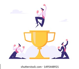 Cheerful Business People Laughing and Cry Yeah with Hands Up around of Huge Gold Cup with Businessman Man on Top. Employees Rejoice for New Project Success Celebrating. Cartoon Vector Illustration