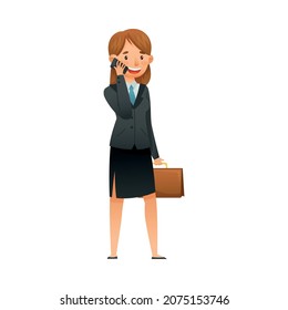 Cheerful business woman character talking on smartphone cartoon vector illustration