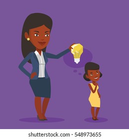 Cheerful business woman giving idea to her partner. Young african-american woman holding light bulb over head of her collegue. Business idea concept. Vector flat design illustration. Square layout.
