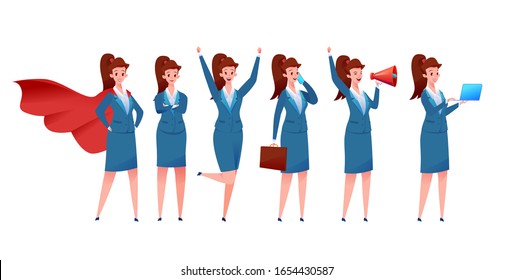 Cheerful business woman in red super hero cape, megaphone, suitcase and smartphone in different positions set. Vector female office worker. Cute girl secretary with smile. Cartoon cute manager