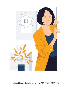 Cheerful business woman standing behind a wall while peeking with curiosity concept illustration