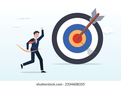 Cheerful businessman archery shot arrow to hit big target, achieve target, reach goal or success male entrepreneur, aiming to hit bullseye target concept (Vector)